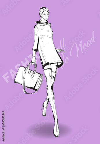 Beautiful young woman in modern style. Hand drawn stylish woman portrait. Fashion lady. Festive outfit. Sketch. Fashion model posing in dress. Hand drawn fashion woman.