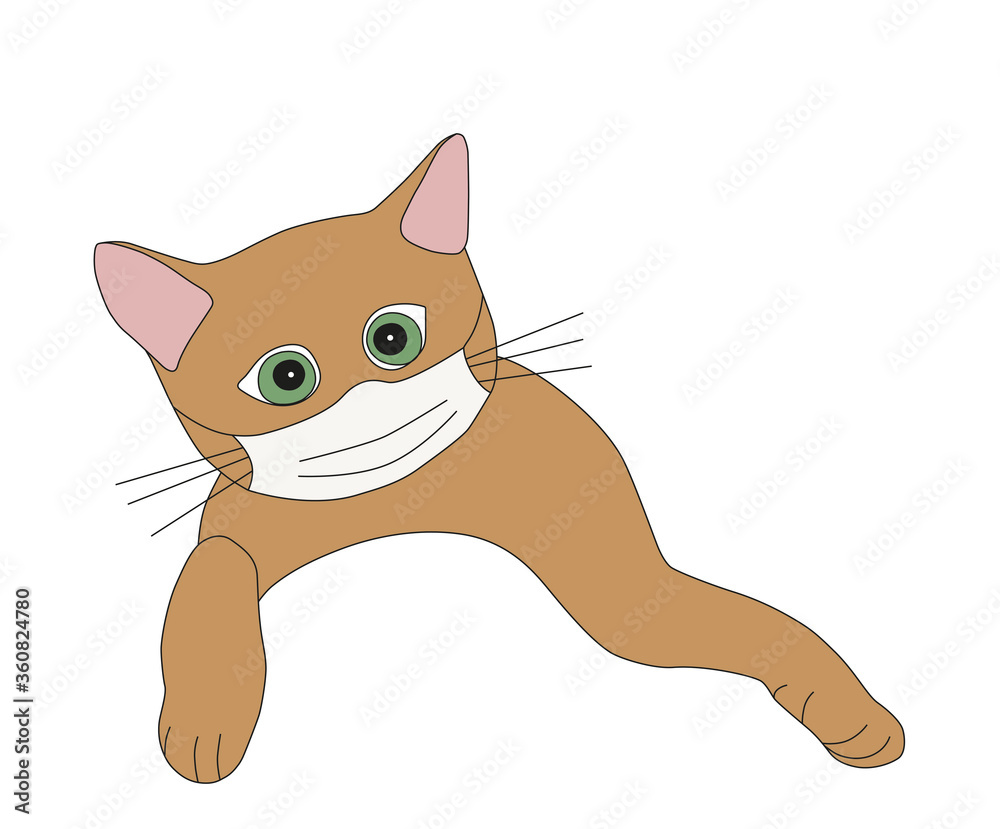 Cute ginger cat with a respiratory mask on his face. The concept of protection against respiratory diseases, allergies. Coronavirus protection. Cartoon vector illustration on a white background. Cute ginger cat with a respiratory mask on his face. The concept of protection against respiratory diseases, allergies. Coronavirus protection. Cartoon vector illustration on a white background.