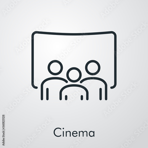 Icono plano lineal con palabra cinema con pantalla y audiencia sentada en fondo gris