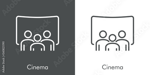 Icono plano lineal con palabra cinema con pantalla y audiencia sentada en fondo gris y fondo blanco