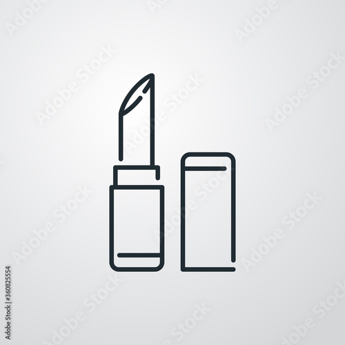 Concepto maquillaje y belleza. Icono plano lineal lápiz labial en fondo gris photo