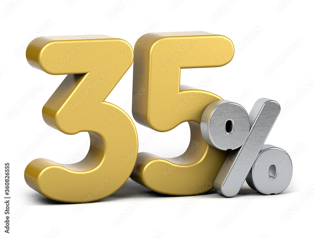 Golden 35 percent. Isolated on white background. Special offer thirty-five percent off discount tag. 3d render. 35% Golden 35 percent. Isolated on white background. Special offer thirty-five percent off discount tag. 3d render. 35%