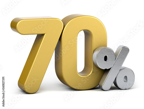 Golden 70 percent. Isolated on white background. Special offer seventy percent off discount tag. 3d render. 70%