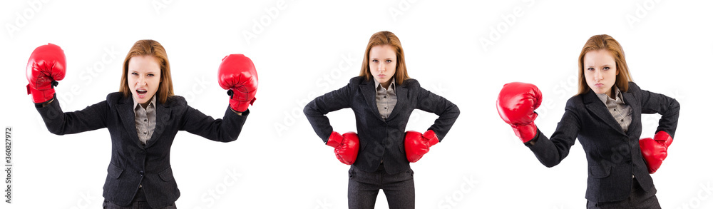 Woman businesswoman with boxing gloves on white Woman businesswoman with boxing gloves on white
