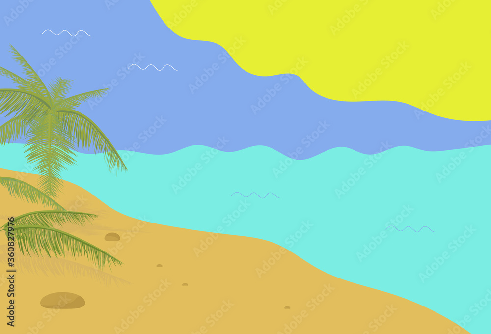 Vector illustration for a summer beach holiday. Sandy shore sea, sun, sky and tropical plants this is a real vacation. Designed for poster, banner, postcard