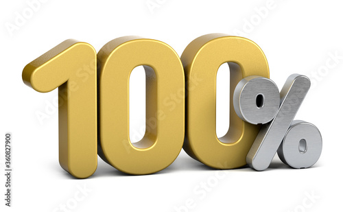 Golden 100 percent.  Isolated on white background. Special offer hundred percent off discount tag.3d render. 100% photo