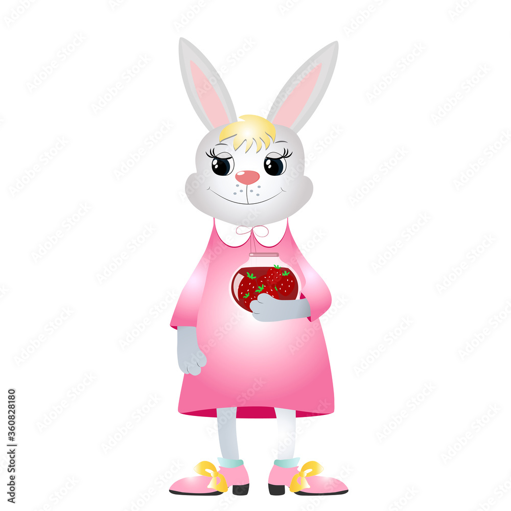 Obraz premium Charming joyful bunny in a pink dress and shoes with bows hold a jar of strawberry jam in your hands. Children's cartoon character. Design for cups, notebooks, cute pictures.