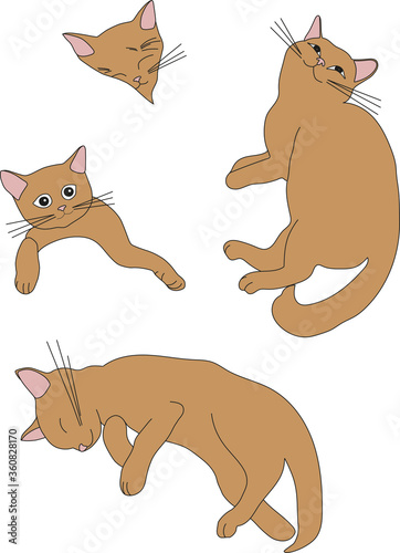 Colorful vector hand drawn set of charming cute red cats. Different poses and emotions. Can be used as advertising, sticker, logo, icon.