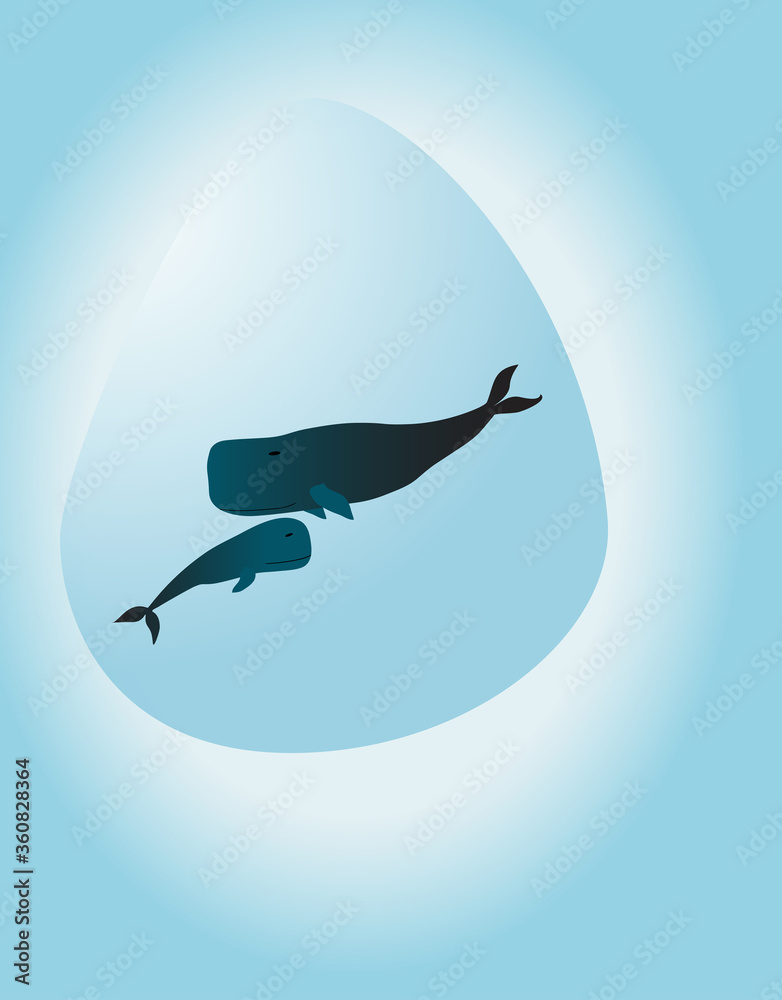 Fototapeta premium A whale and her cub in a blue transparent drop of water. The concept of protecting oceans, whales, marine animals, cleaning water bodies from debris and plastic. Place for your text.