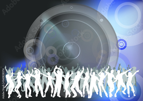 People dancing at an event with abstract sound speaker background