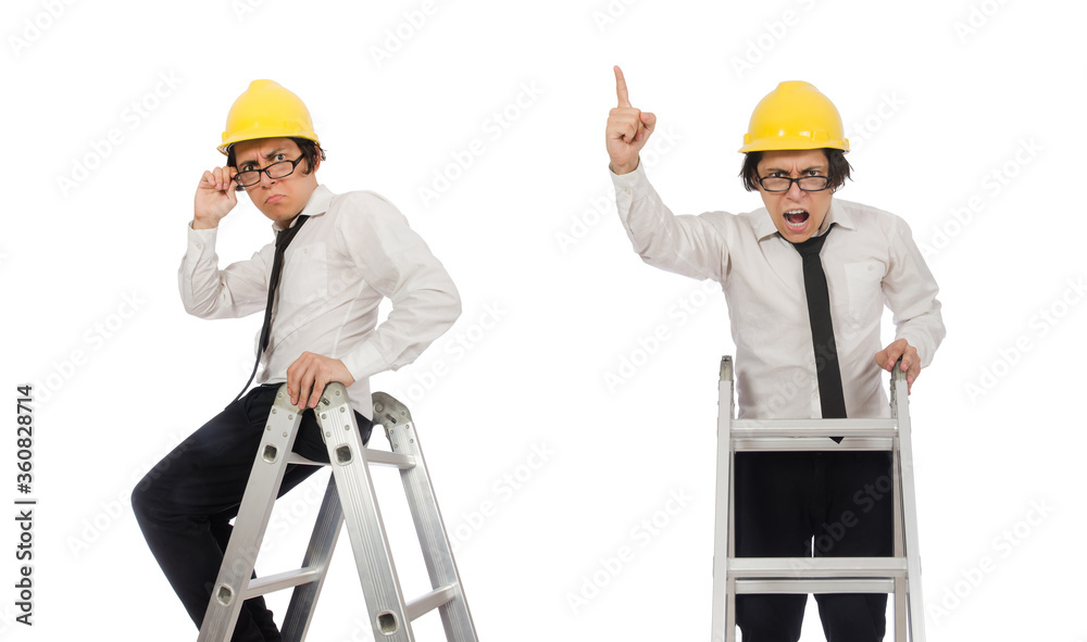 Construction worker in funny concept on white Construction worker in funny concept on white