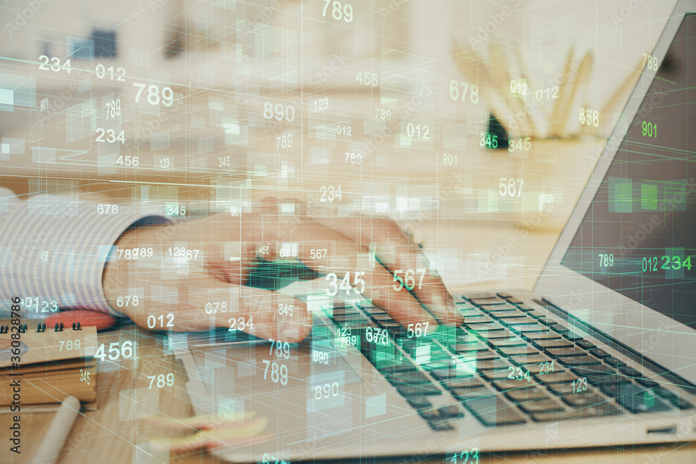 A man working on Laptop with technology theme drawing. Concept of big data. Double exposure. A man working on Laptop with technology theme drawing. Concept of big data. Double exposure.