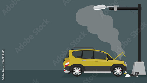 Damage Car crash pole light accident cannot drive. There was steam coming out of the radiator.The front is severely damaged. The equipment is broken. Withe empty space on the side.