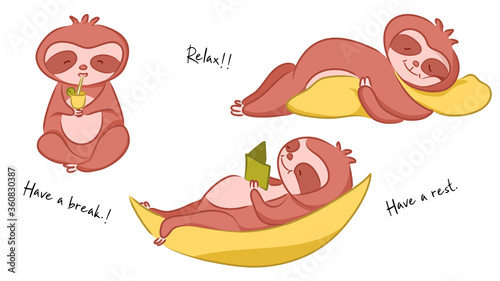 Cute sloth cartoon character. Have a rest or a break concept with sloths sleeping, reading and drinking juice. Vector illustration. Flat design