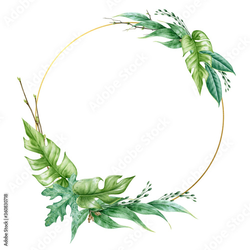 Eucalyptus  monstera  ivy elegant  watercolor wreath. Hand drawn delicate decorative wreath with golden circle. Evergreen garden plant botanical ornament. Lush leaf arrangement on white background