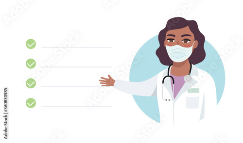Female doctor wearing mask indicating treatment, symptoms or giving healthy advice. Tele medicine, online medical consultation, health care system support. Isolated flat vector illustration
