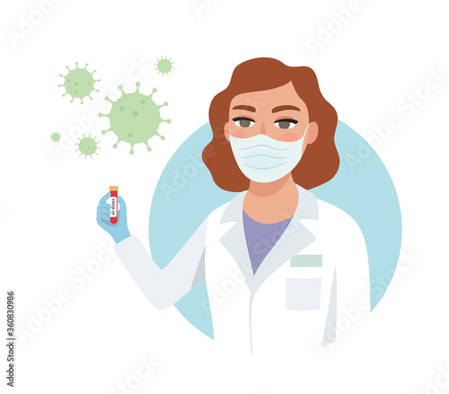 Doctor epidemiologist/ female scientist holding blood sample test for coronavirus. World pandemic control. COVID-19 laboratorial research. Online health care.