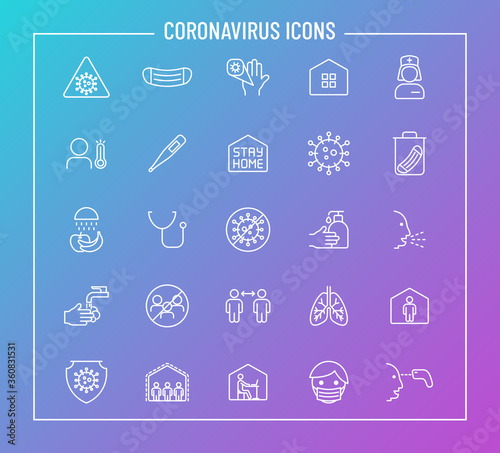 2019-ncov coronavirus outline vector icons on color gradient background. covid-19 icon set for web design and user interface design, mobile apps and print products