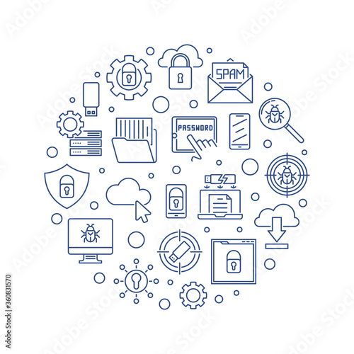 Cybersecurity vector circular concept minimal illustration in outline style
