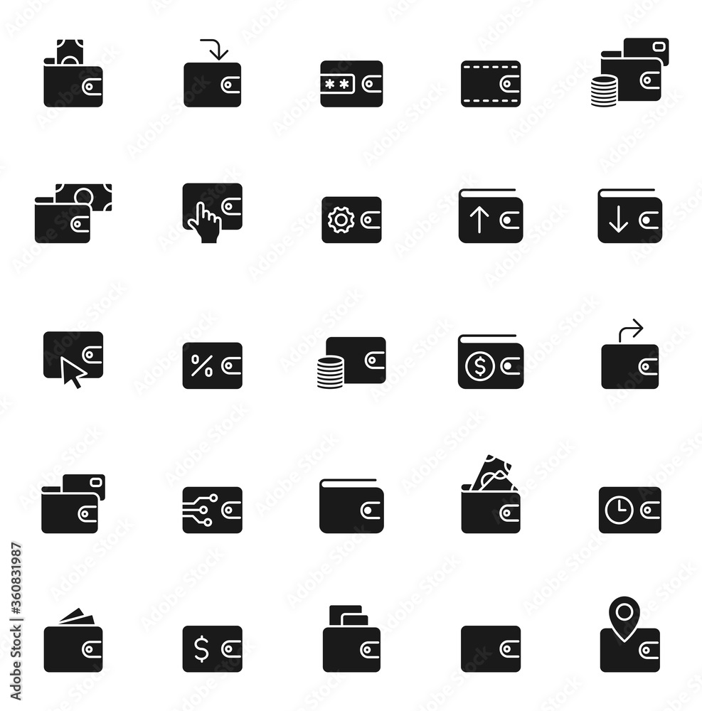 wallet black vector icons isolated on white background. wallet icon set for web and ui design, mobile apps and print products