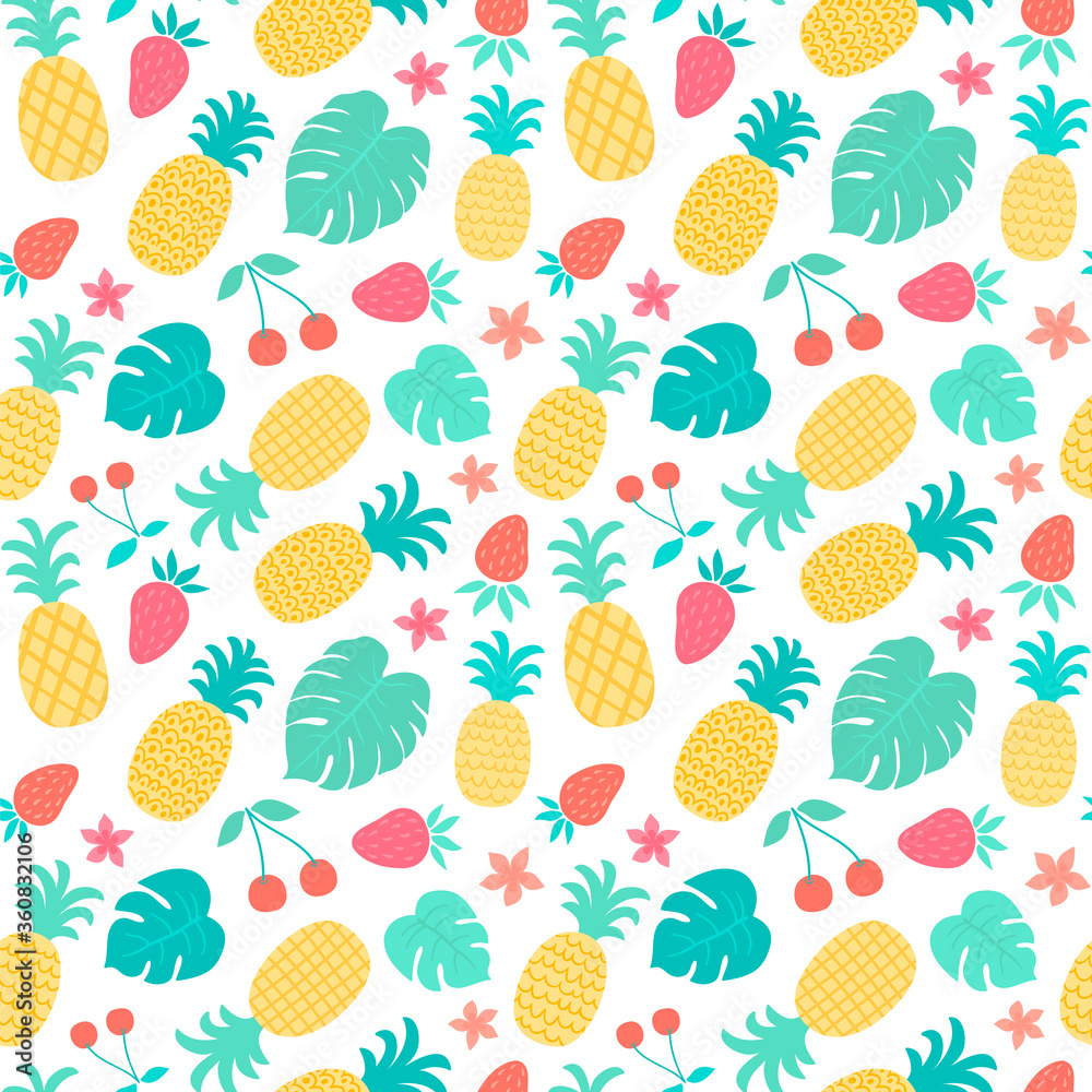 Tropical summer seamless pattern. Vector illustration with pineapples, monstera leaves, strawberries and cherry. Tropical summer seamless pattern. Vector illustration with pineapples, monstera leaves, strawberries and cherry.