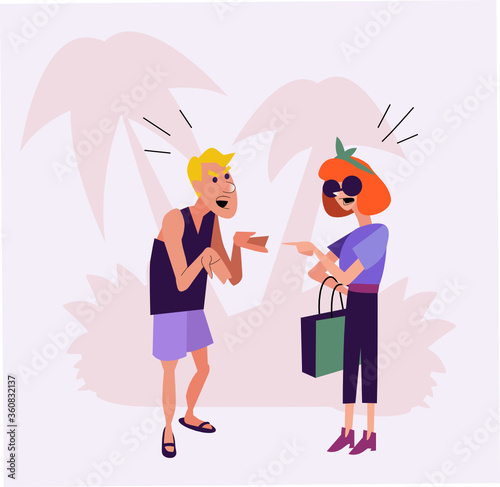 Cute funny illustration of married couple argue and fight on vacation abroad. Young woman shouts at boyfriend with palms on the background. Family have problems, conflict, disagree and misunderstand