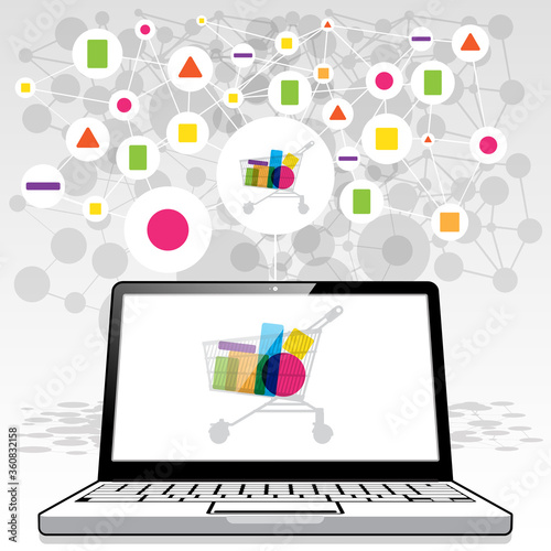 A laptop PC presenting an online shopping trolley interface filled with collected goods all sourced online via a connected global network.