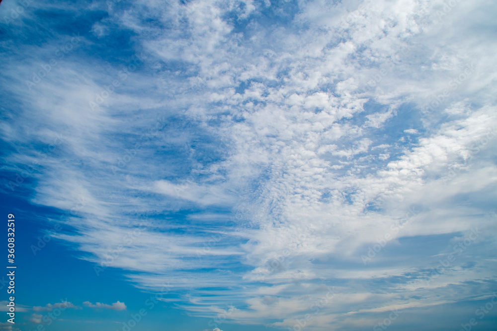 Horizontal background with a blue sky covered by large cirrus clouds with a clearly visible direction of atmospheric flows.
