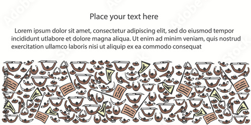 Crowd of protesters or sport fans standing with flags and banners. Copy space horizontal banner concept. Vector color illustration.