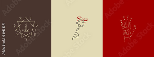 Set of linear magic signs and symbols. Mysterious illustrations. A logo for an isoteric store, for a witch. Candle in a magic circle, a key with a red bow, palm reading, fortune telling
