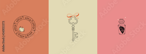 Set of linear magic signs and symbols. Mysterious illustrations. A logo for an isoteric store, for a witch. Magic old key, silver saucer with apple, butterfly wing in a flask.