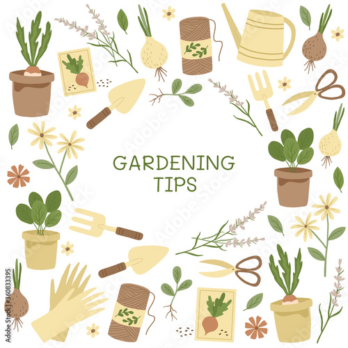 Gardening tips. Garden tools, flowers and plants. Hobby equipment. Vector illustration.