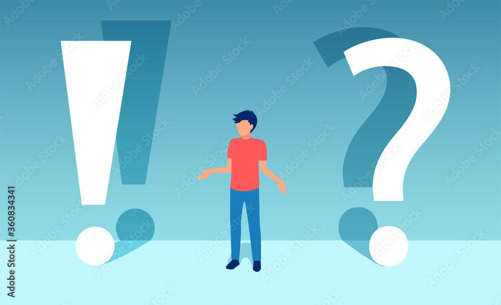 Vector of a puzzled man standing next to a question and exclamation marks