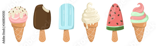 ice cream cones and stick collection. there are softserve , watermelon, mint, chocolate, strawberry. yummy for freshy summer. vector illustration isolated  objects on white