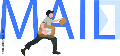 The postman carries letters, parcels. Illustration with the inscription mail.