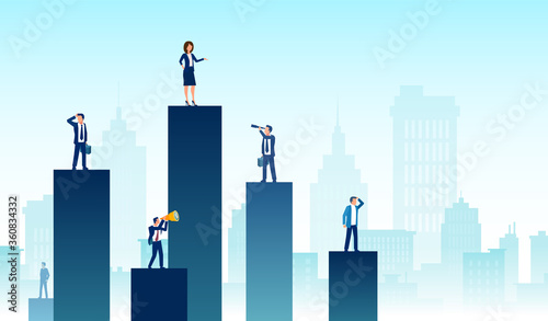 Vector of a business team and partners standing on charts of different heights