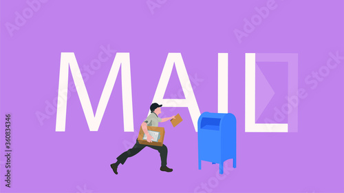 The postman carries letters, parcels. Illustration with the inscription mail.