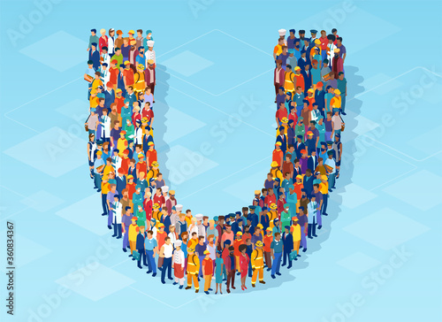 Vector of diverse society of black and white people shaped as a magnet