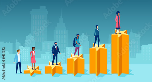 Vector of diverse people climbing up a step ladder composed of feedback stars