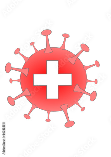 Red simple virus drawing icon with a white first aid cross as illustration for ncov, coronavirus, covid 19, sars and other viral infections, cure and educational description