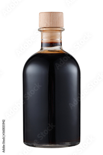 Bottle with wooden cork without label isolated on white background.