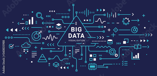 Big data visualization connection complex with icon. Vector abstract technology illustration of data array visual on dark background with word.