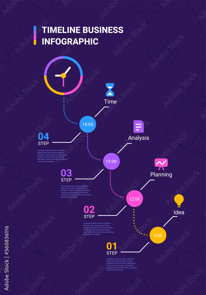Vector business illustration of step timeline infographics template with clock on dark background with business icon and text. Vector business illustration of step timeline infographics template with clock on dark background with business icon and text.