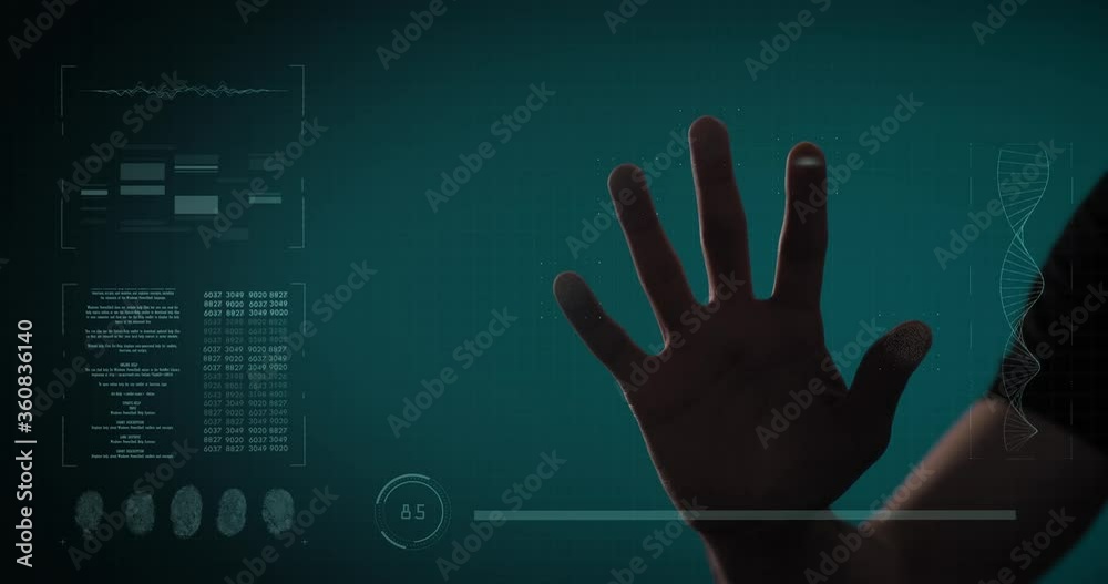 Fingerprint leaning on control glass for biometric scan concept. Digital processing of fingerprints as person's hand presses against a scanner. Future technologies, security and identity. 