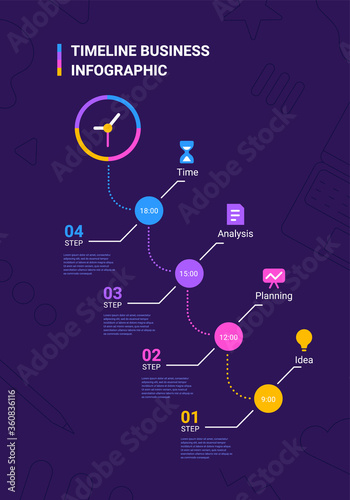 Vector business illustration of step timeline infographics template with clock on dark background with business icon and text.