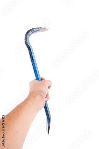 Vertical shot of a man's hand holding a blue rigged crowbar with a white background photo