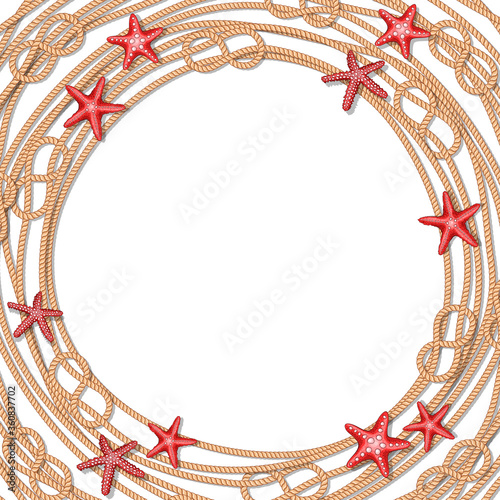 Summer nautical round frame with starfishes, ropes and marine knots on white background