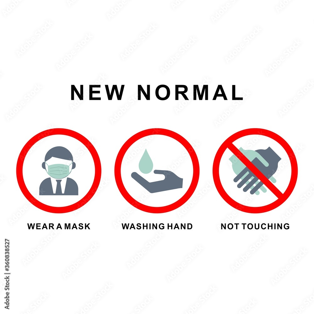 Vector illustration of using a mask, washing hands and not touching. New Normal.