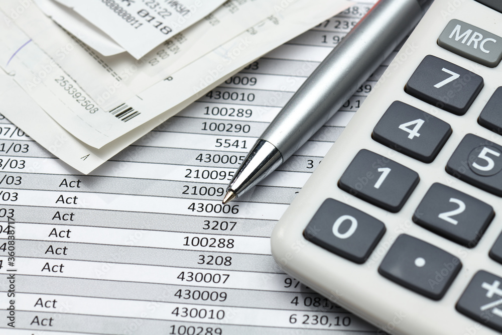 cash registers purchase receipt, calculator and financial reports, analysis and accounting, various office items for bookkeeping cash registers purchase receipt, calculator and financial reports, analysis and accounting, various office items for bookkeeping