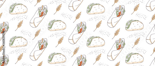 Seamless vector background with shawarma and fast food in a minimalist style. Idea for packaging